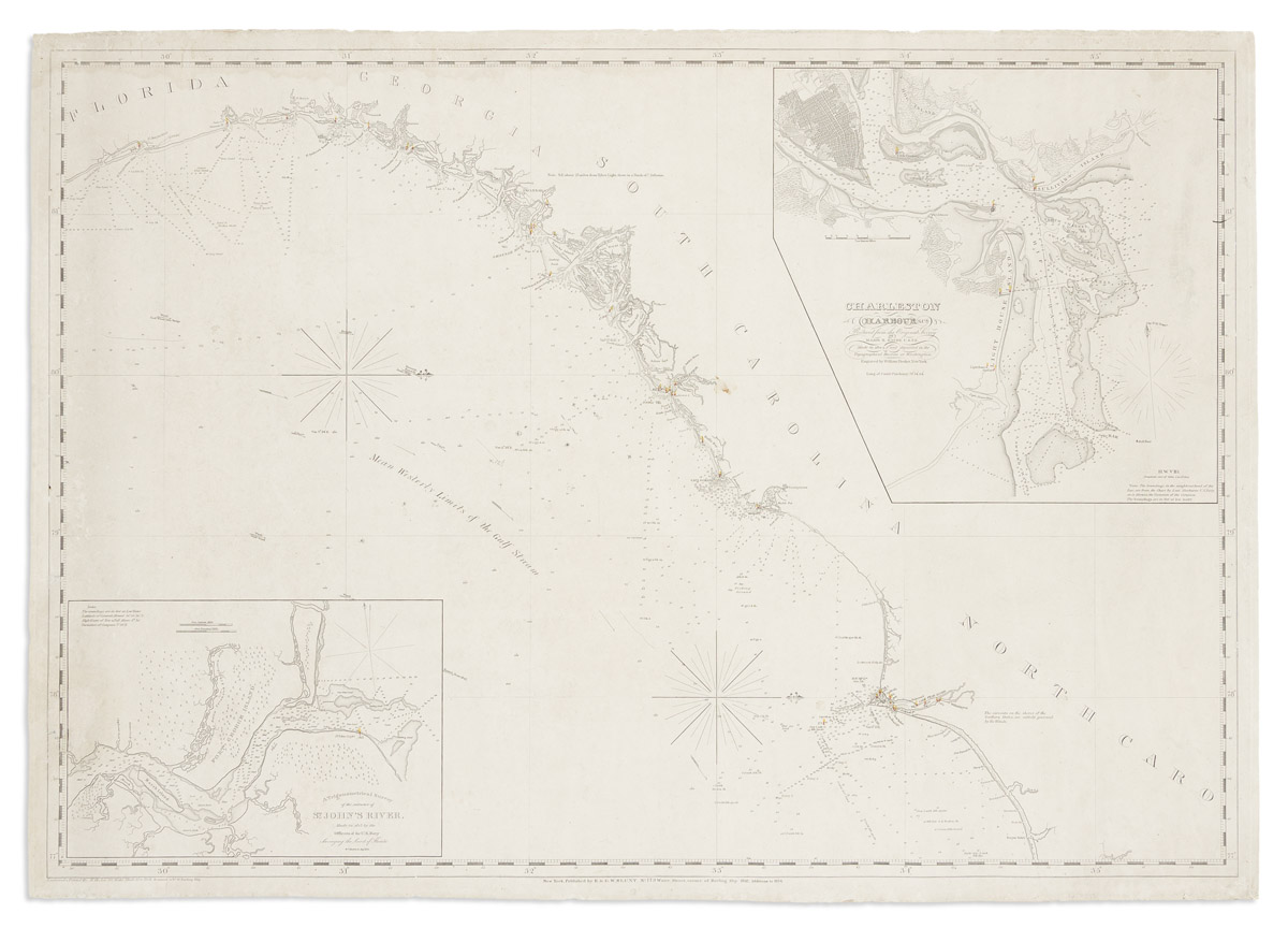 (AMERICAN SOUTHEAST.) William Hooker, engraver; for Edmund and George William Blunt.  [Coastal chart of the Carolinas,